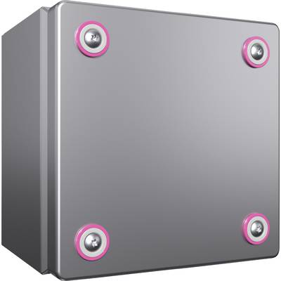 Graues Metallgehäuse mit abgerundeten Kanten, befestigt durch vier rosa umrandete Schrauben an den Ecken der Frontplatte.