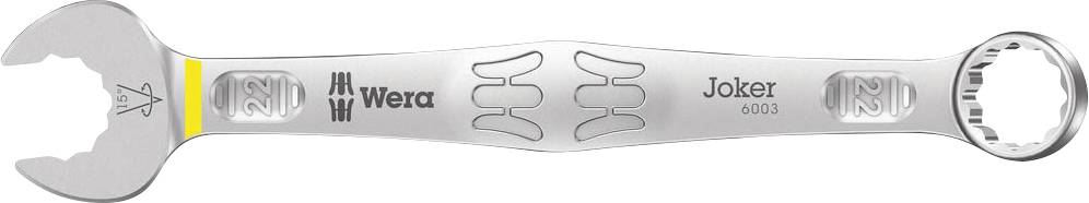 Ein Wera Joker 6003 Schraubenschlüssel mit Ring- und Gabelseite, silberfarben, liegt horizontal.