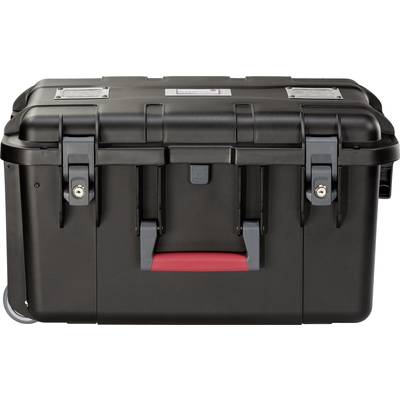 Schwarzer, robuster Transportkoffer mit Riegeln und Griffen. Geeignet für sicheren Transport von empfindlichem Equipment.
