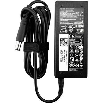 Schwarzes Laptop-Netzteil mit Kabel und verschiedenen Sicherheits- und Spannungshinweisen auf der Oberfläche.