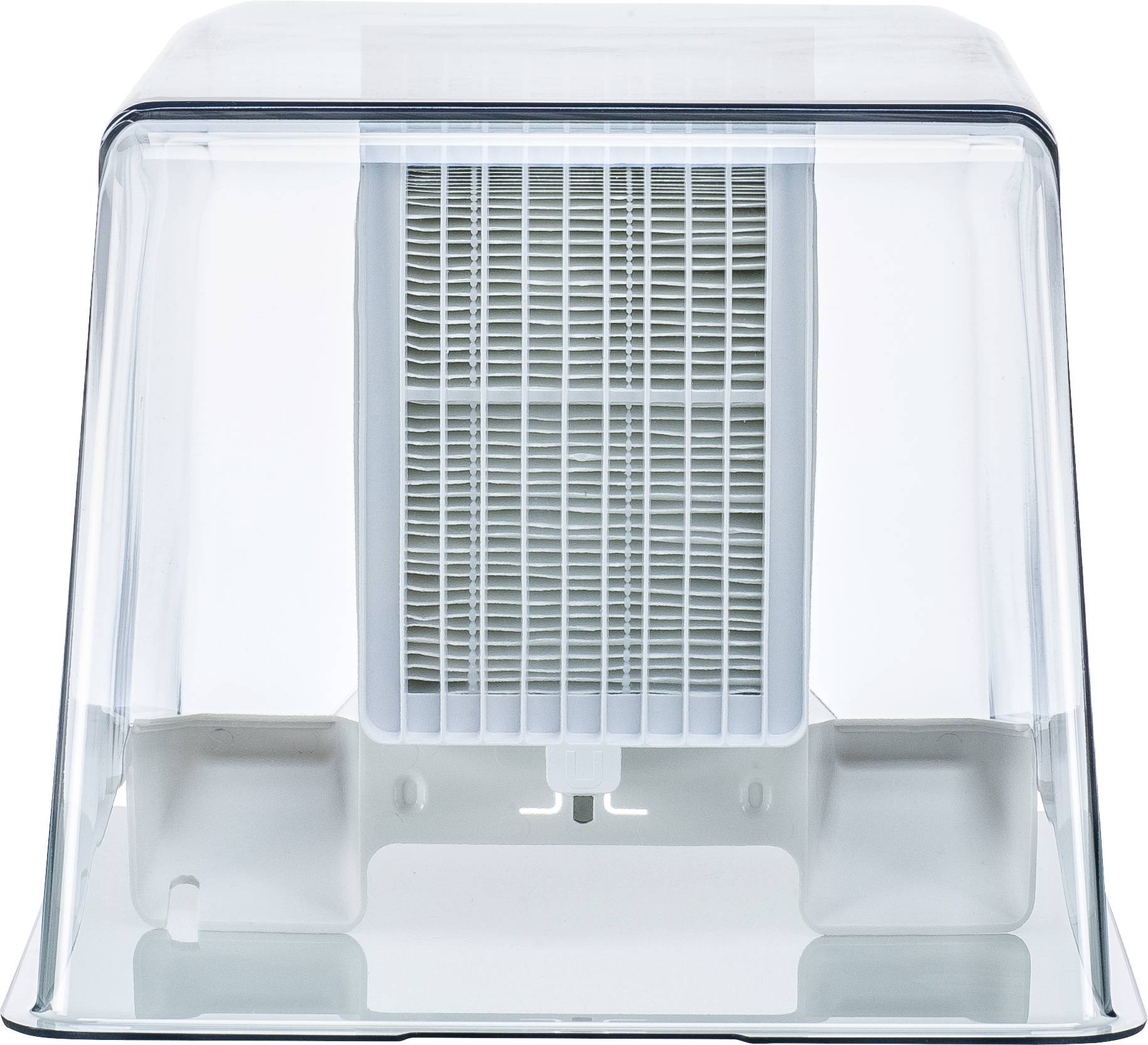 Ein transparentes Gehäuse mit einem sichtbaren, vertikalen Filter im Inneren, wahrscheinlich ein Luftfiltergerät für Reinigung.