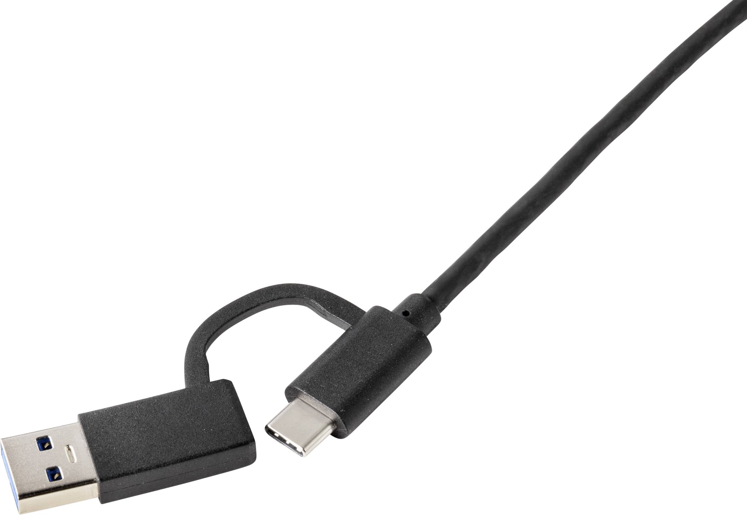 Ein schwarzes Kabel mit einem USB-A-Stecker auf der linken Seite und einem USB-C-Stecker auf der rechten Seite, auf weißem Hintergrund.