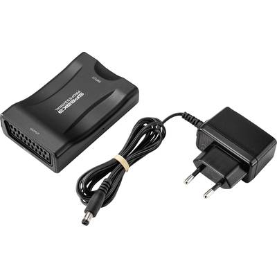 Schwarzer Scart-Adapter mit europäischem Stromstecker. Adapter hat einen 'Input' und 'Output' Anschluss und wird über ein Kabel verbunden.