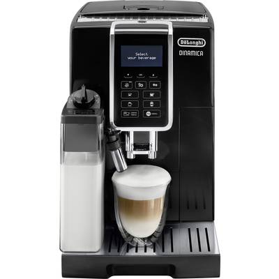 Kaffeemaschine mit digitalem Display, auf dem 'Select your beverage' steht. Ein Glas mit Cappuccino darunter, Milchaufschäumer aktiv.