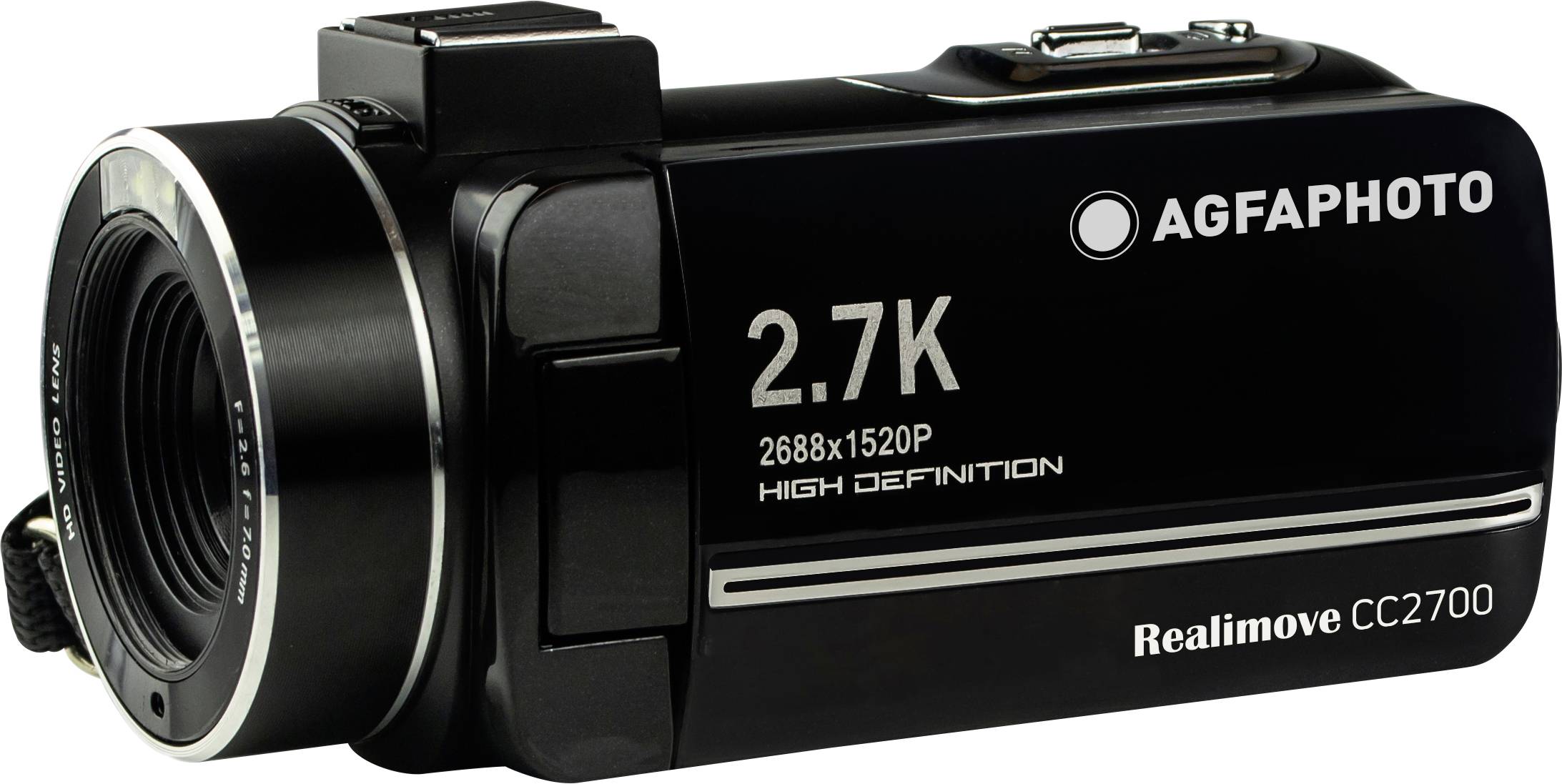 Videokamera schwarz mit silbernen Akzenten, markiert mit '2.7K, 2688x1520P, High Definition', und dem Logo 'AGFAPHOTO'.