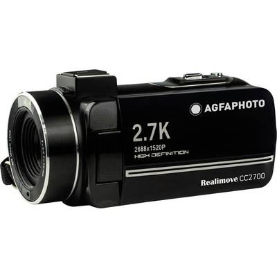 Videokamera schwarz mit silbernen Akzenten, markiert mit '2.7K, 2688x1520P, High Definition', und dem Logo 'AGFAPHOTO'.