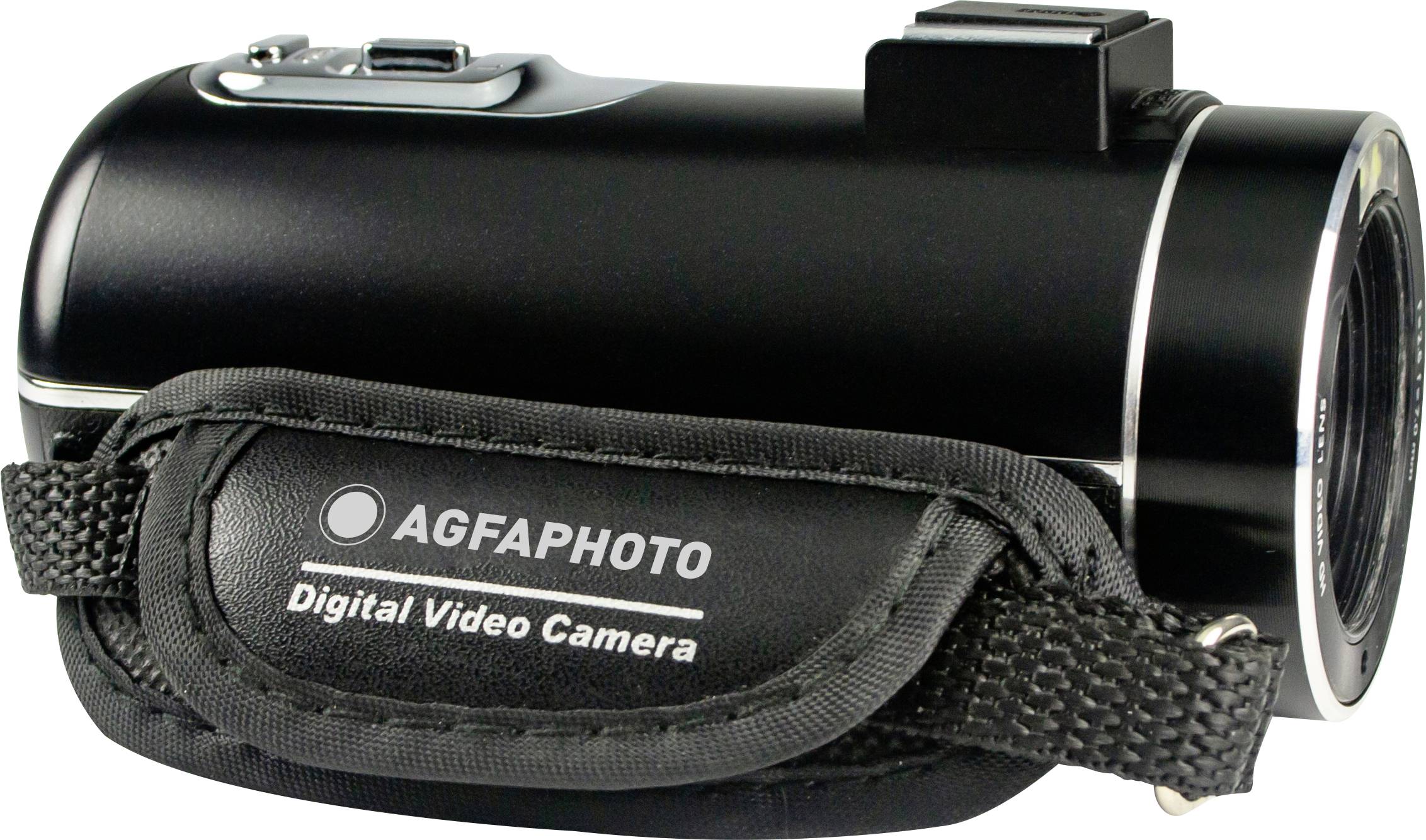 Eine schwarze digitale Videokamera von Agfaphoto mit Trageriemen, seitlich fotografiert.