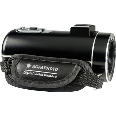 Eine schwarze digitale Videokamera von Agfaphoto mit Trageriemen, seitlich fotografiert.