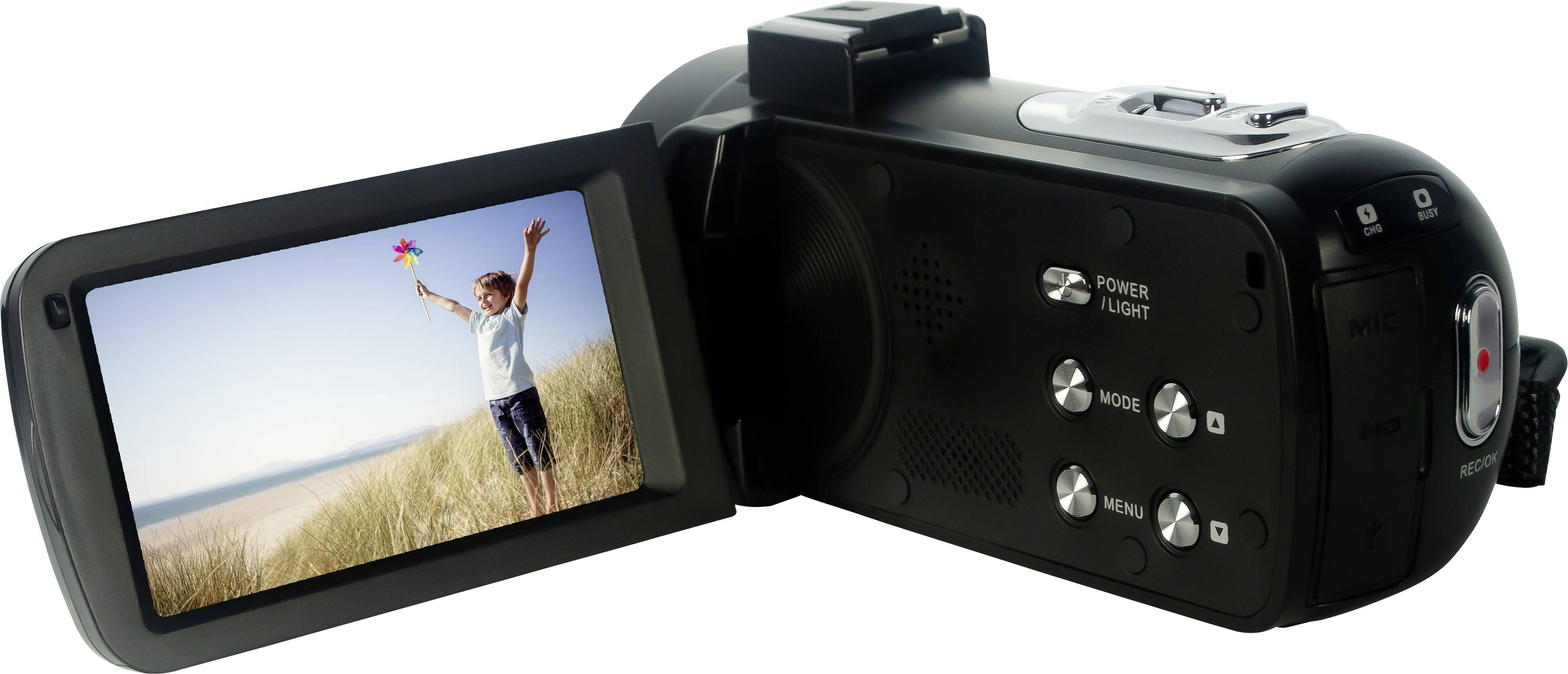 Eine digitale Videokamera mit ausgeklapptem Display zeigt ein Kind, das fröhlich eine Blume hält, in einer Landschaft mit blauem Himmel.
