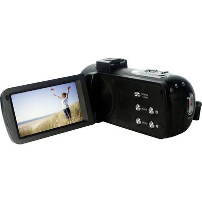 Eine digitale Videokamera mit ausgeklapptem Display zeigt ein Kind, das fröhlich eine Blume hält, in einer Landschaft mit blauem Himmel.