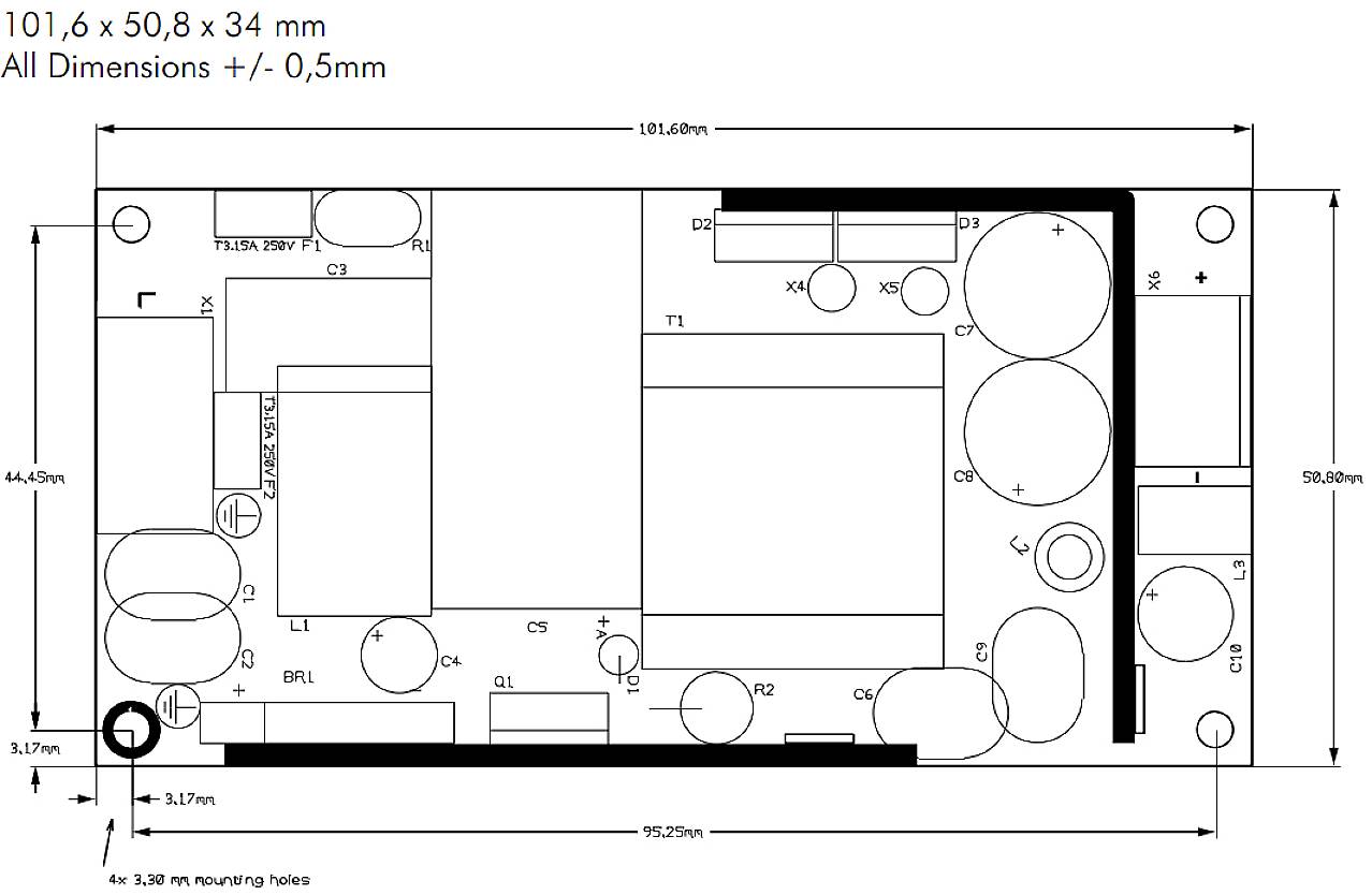 'Schaltplan einer Leiterplatte mit detaillierten Abmessungen und Komponentenkennzeichnung, 101,6 x 50,8 x 34 mm, Toleranz +/- 0,5 mm.'