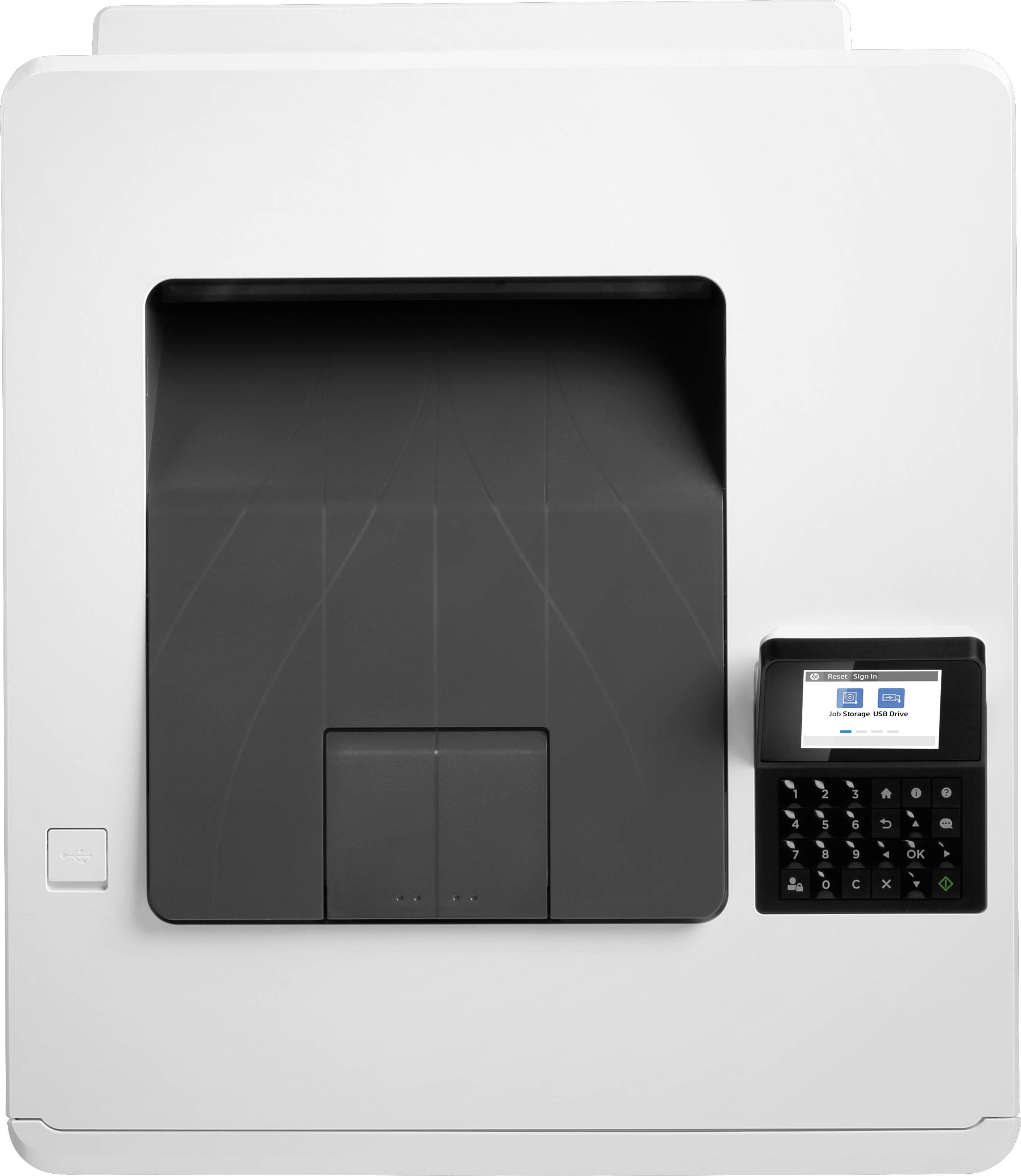 Ein moderner Drucker mit digitalem Display und Tastenfeld an der Seite, geeignet für Büroanwendungen und schnelles Drucken.