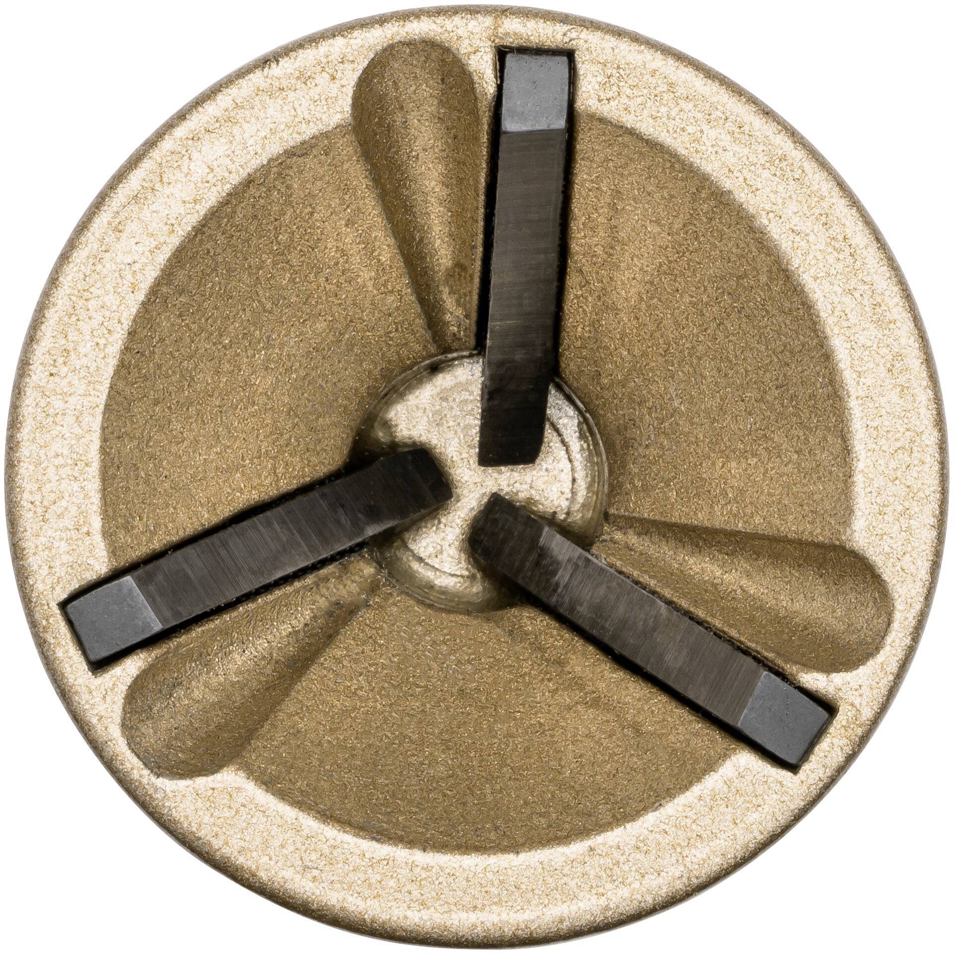 Der obere Teil eines Drehverschlusses mit drei Schlitzen, symmetrisch angeordnet, aus Metall, zeigt ein glänzendes Bronze-Finish.