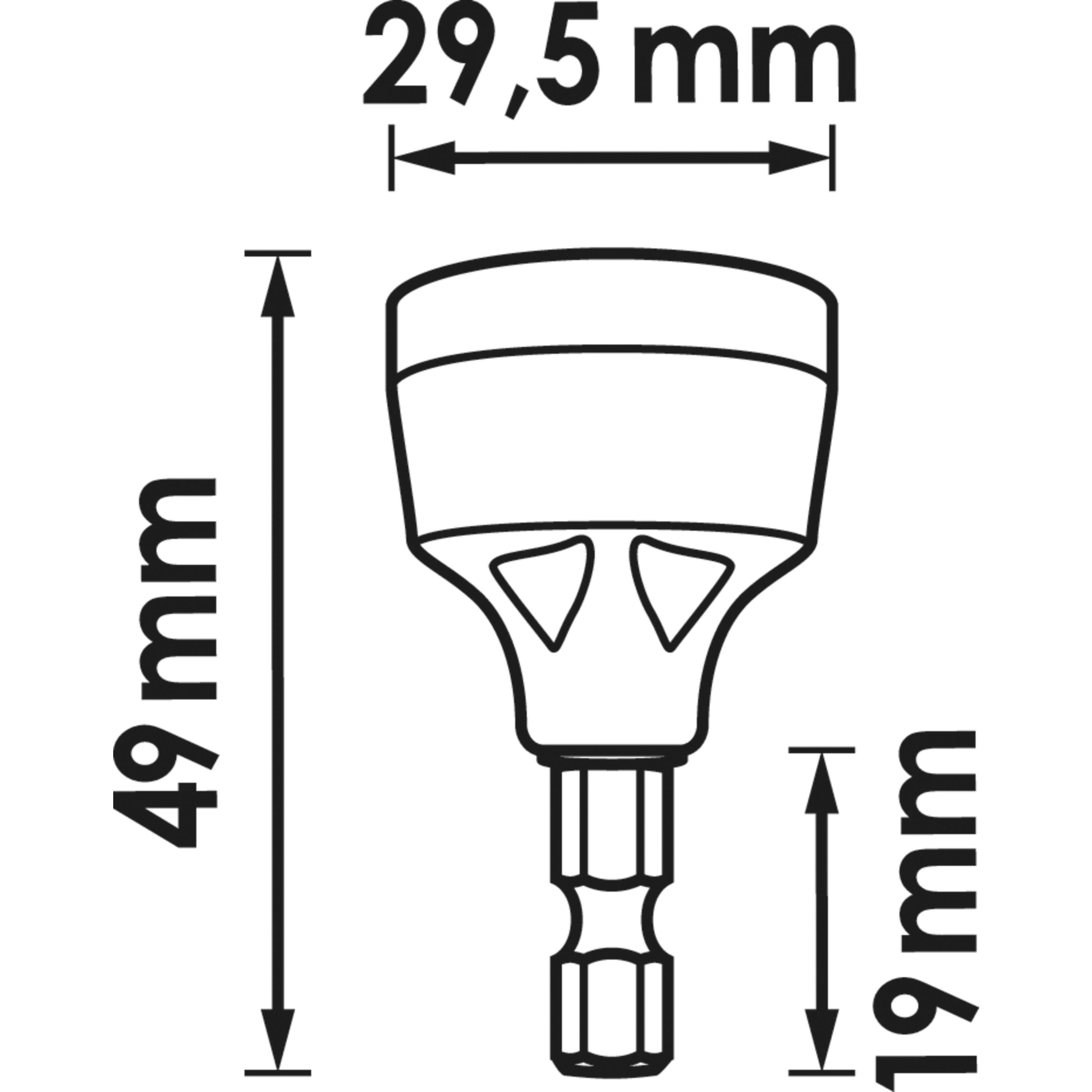 Abbildung eines Werkzeugs mit Maßen: 29,5 mm Durchmesser, 49 mm Höhe, 19 mm Sockel.