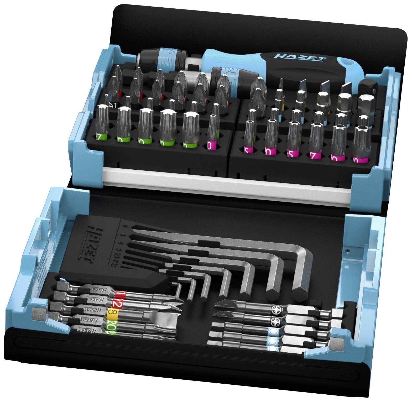 Ein offener Werkzeugkasten mit verschiedenen Schraubendreherbits, einem Schraubendrehergriff und Innensechskantschlüsseln in einer geordneten Anordnung.