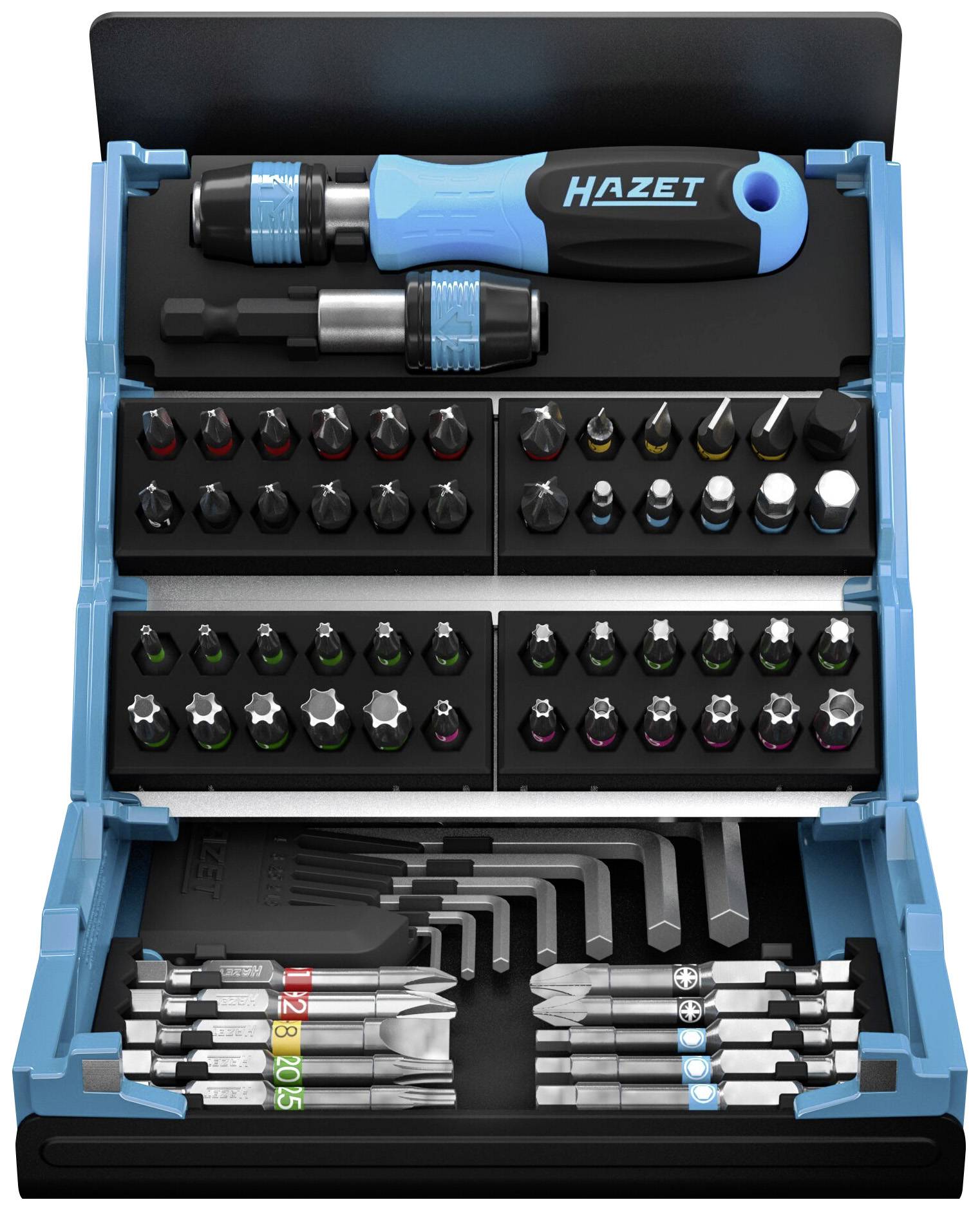 Ein Werkzeugkoffer mit verschiedenen Aufsätzen und Schraubendrehern, einschließlich Bits in unterschiedlichen Größen; für vielseitige Reparaturen.