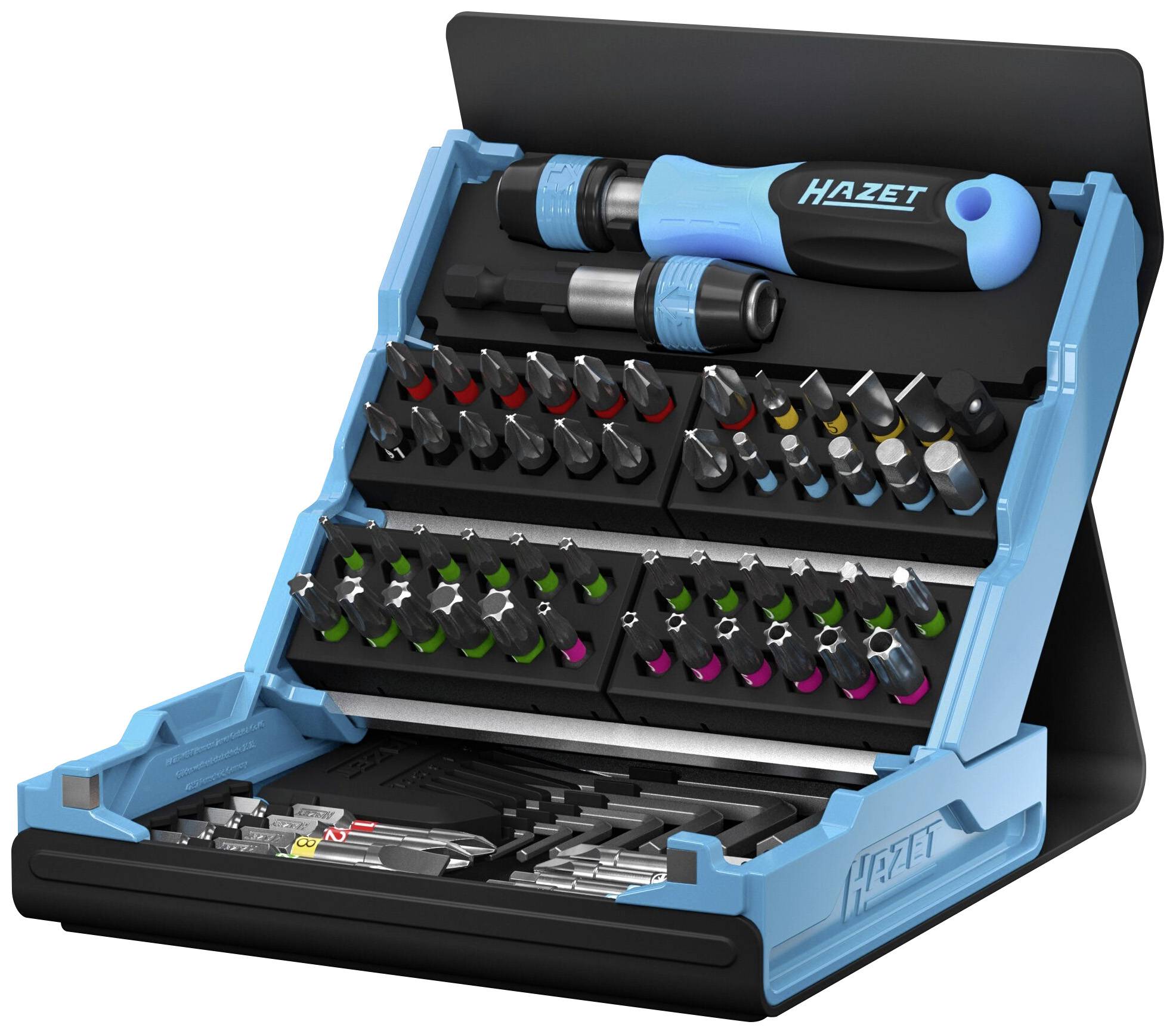 Werkzeugset in blau-schwarzem Koffer, enthält verschiedene Bits und Steckaufsätze. Schraubendrehergriff oben, Marke 'Hazet'.