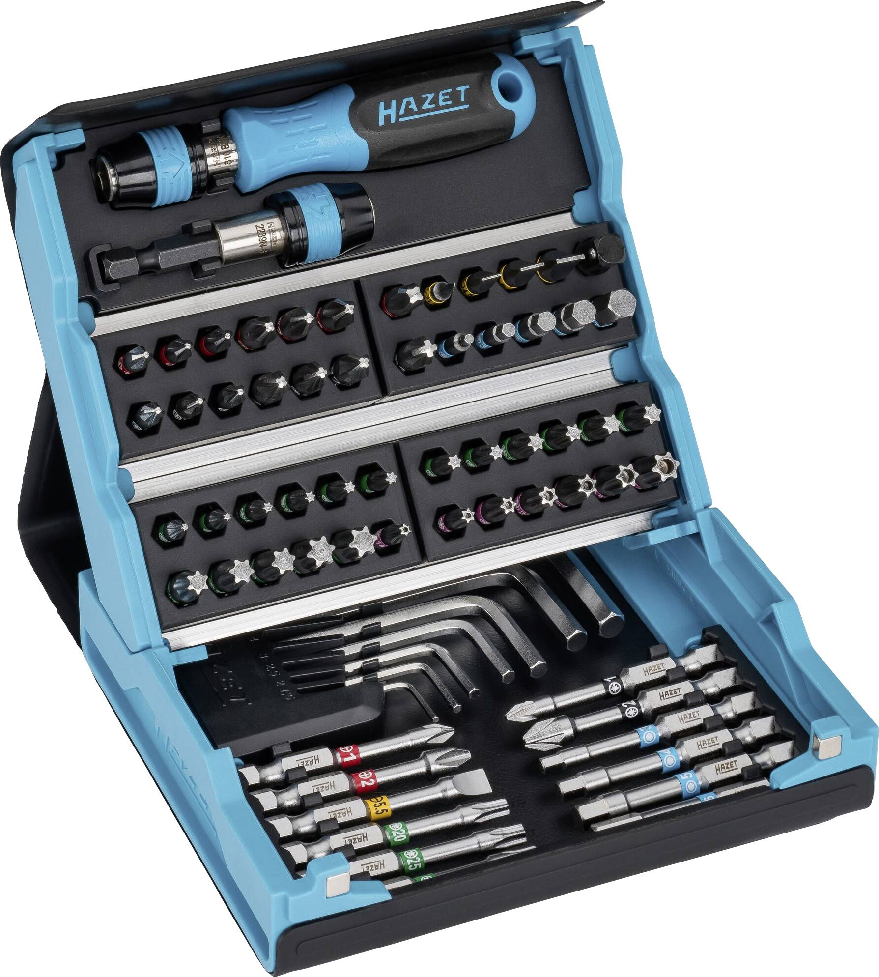 Werkzeugkasten mit verschiedenen Schraubendrehern, Bits und Inbusschlüsseln. Oberer Deckel mit Marke 'Hazet'. Ideal für Reparaturen.