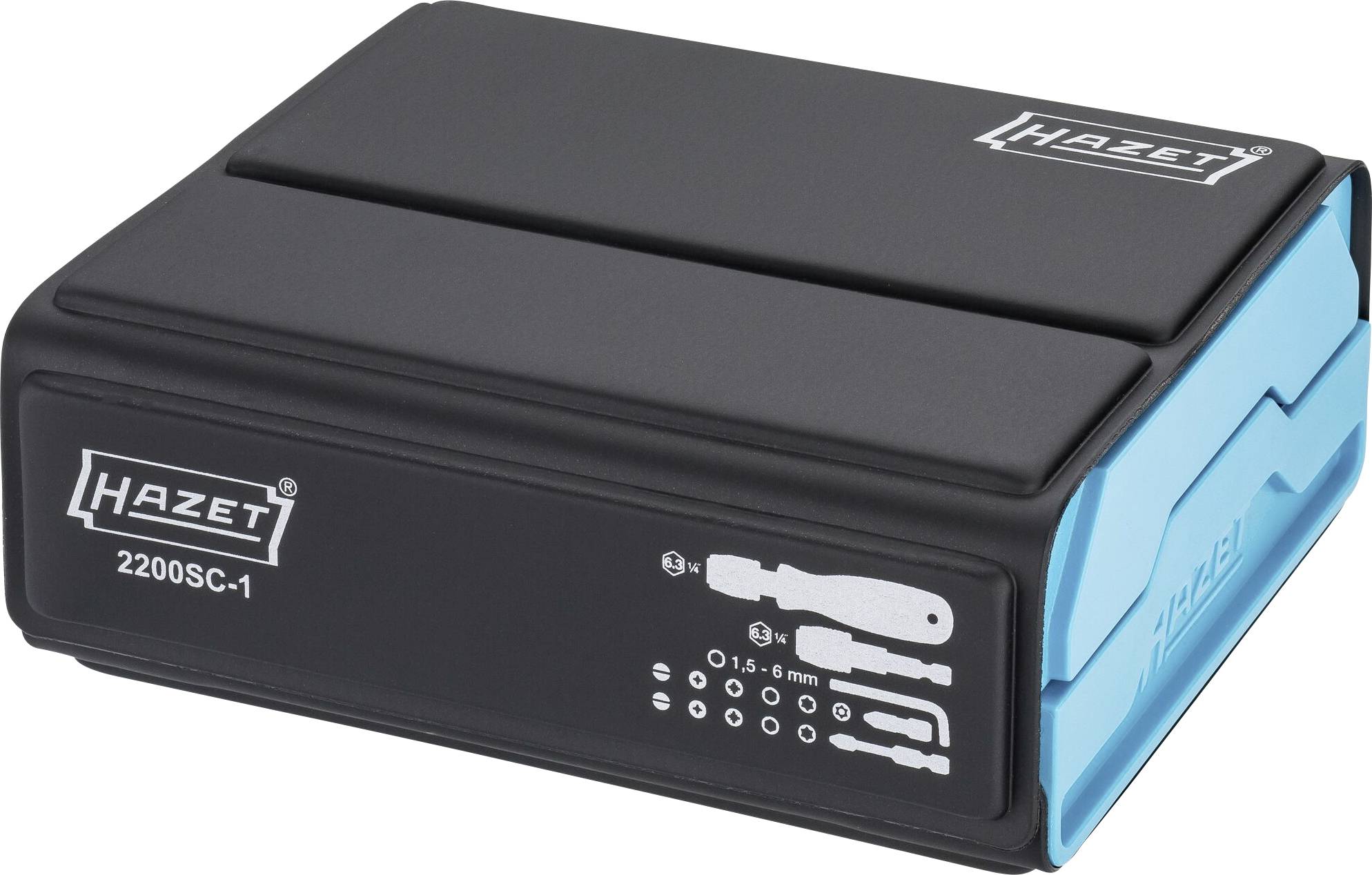 Ein schwarzes Hazet-Werkzeugset 2200SC-1, kompakt, mit blauer Schublade. Zeigt Symbole für Schraubenzieher und Bits von 1,5-6 mm.