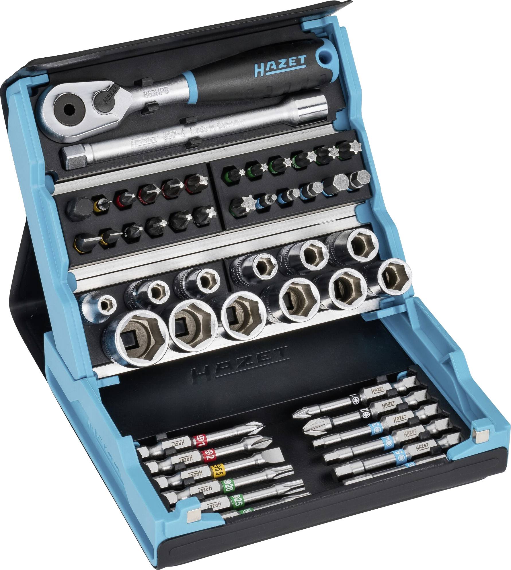 Werkzeugkasten mit verschiedenen Aufsätzen, Bits und Ratsche. Ideal für Reparaturarbeiten, umfassendes Set für diverse Anwendungen.
