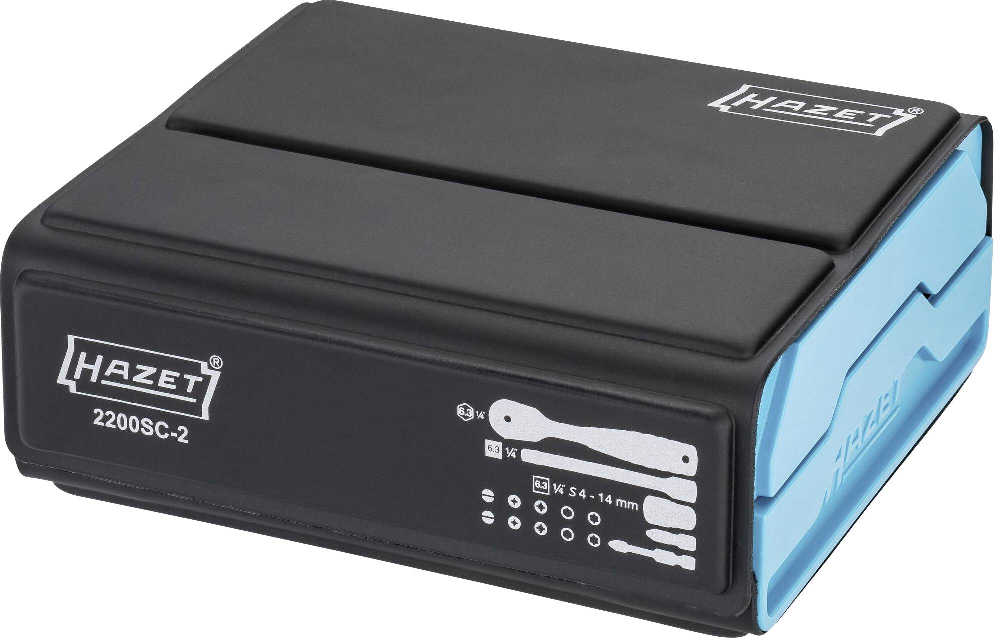 Schwarze Werkzeugbox von Hazet mit blauen Fächern, Modell 2200SC-2. Enthält Illustriationen von Werkzeugen und Größenangaben.