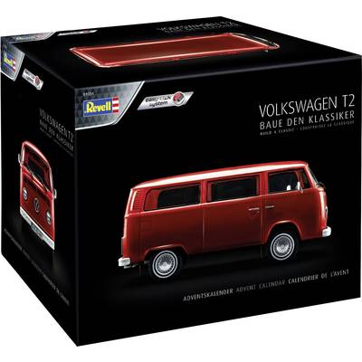 'Revell Volkswagen T2' Adventskalender: Modellbausatz des VW T2 mit 24 Teilen. Verpackung zeigt roten VW T2 von der Seite und hinten.