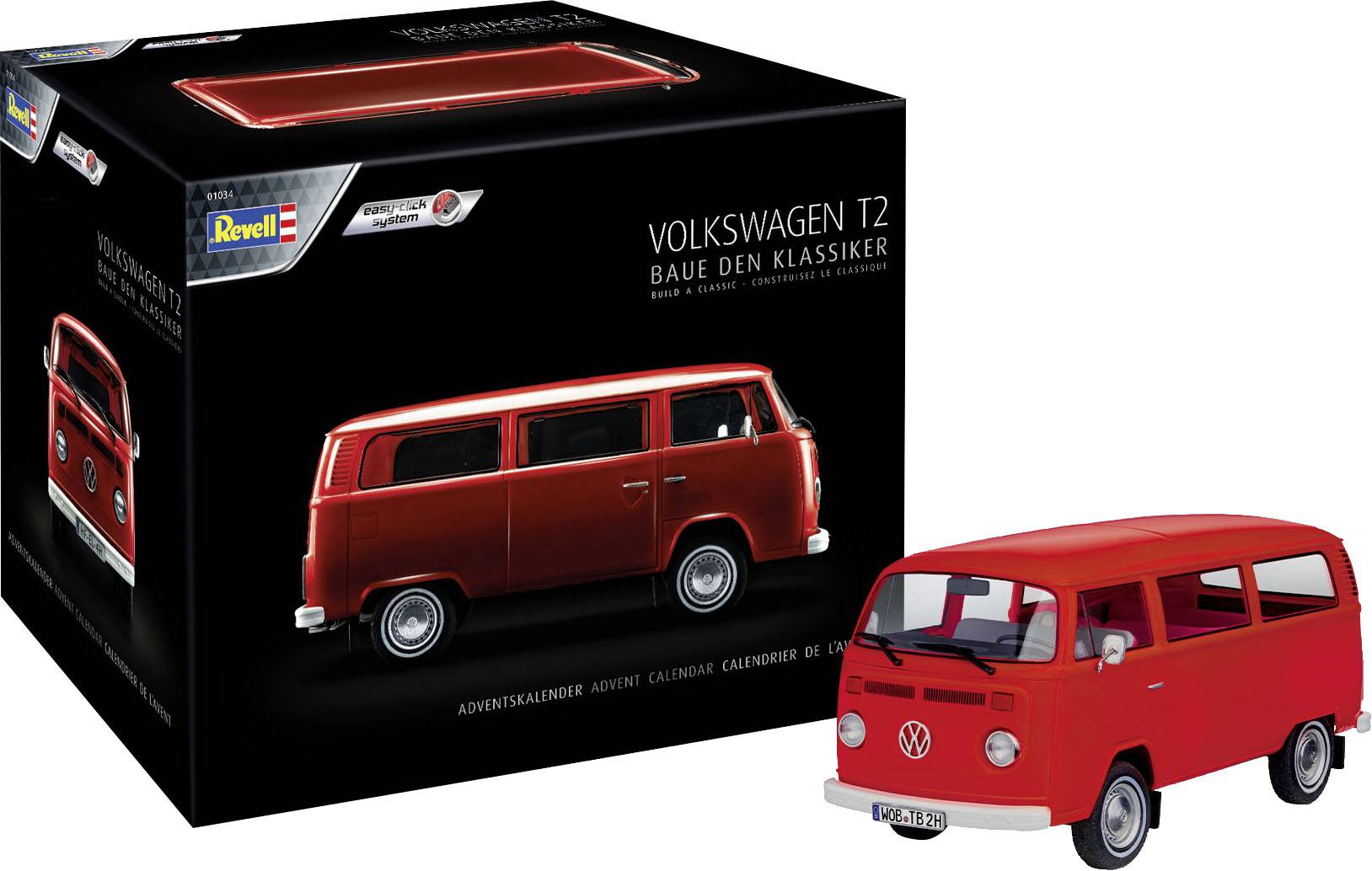 Modellbausatz von Revell: Volkswagen T2 in Rot. Enthält Adventskalender mit 24 Bauteilen und Anleitung für den Zusammenbau.