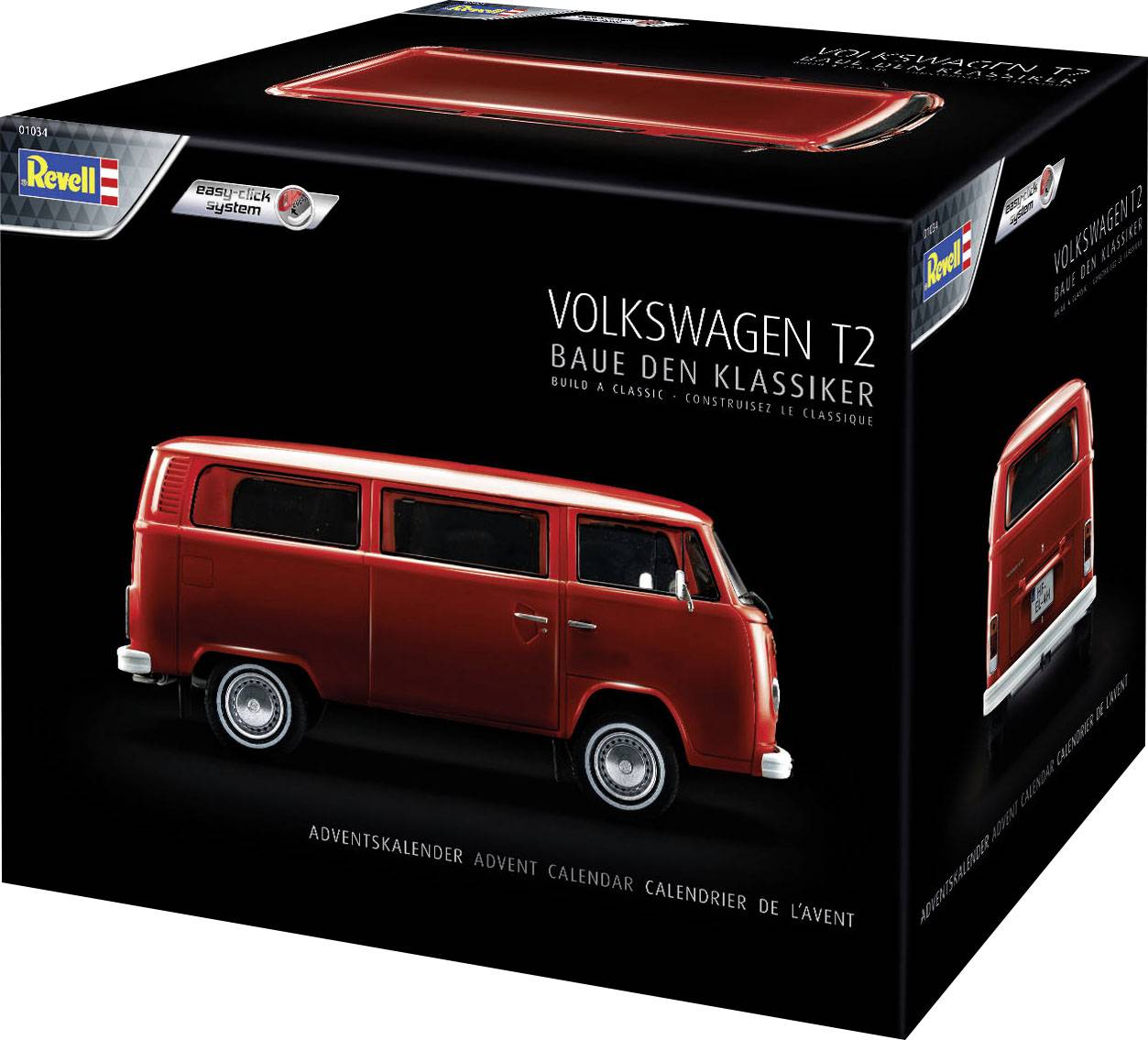 'Adventskalender mit Modell des Volkswagen T2 in Rot. Bau den Klassiker' steht auf der Verpackung. Revell-Logo oben links.