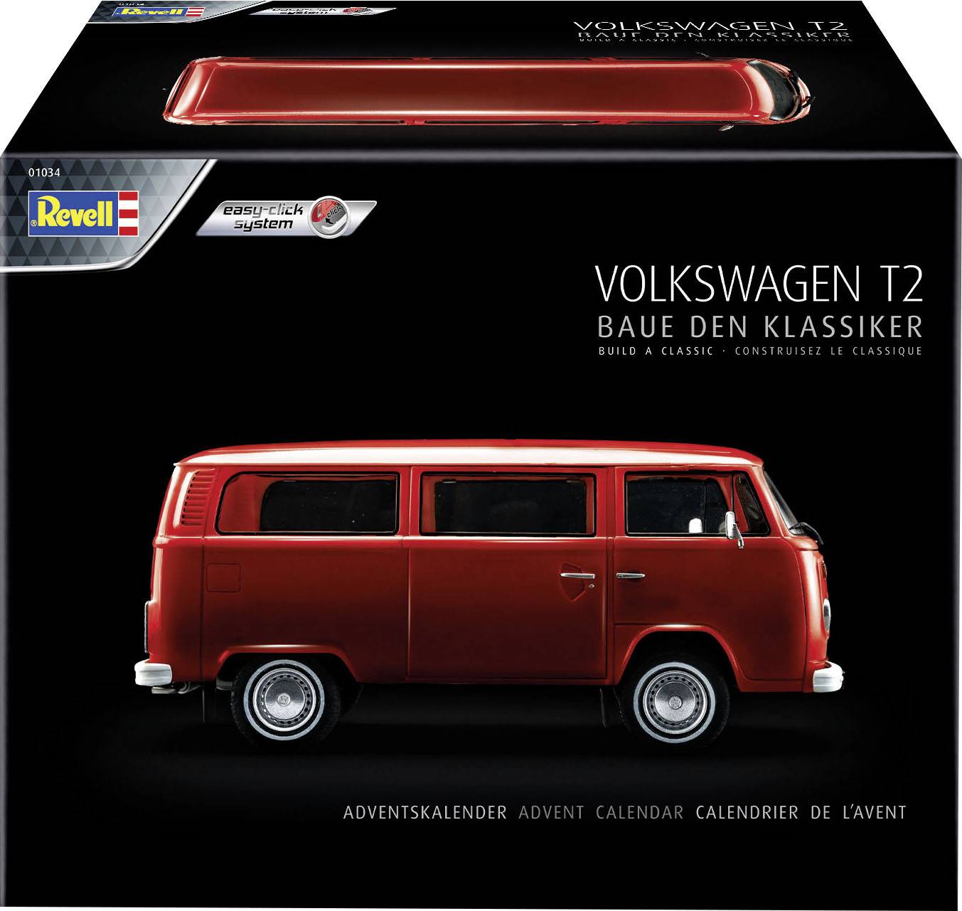 Ein Karton mit einem roten Modell des Volkswagen T2. Text auf der Verpackung: 'Volkswagen T2 – Baue den Klassiker'.