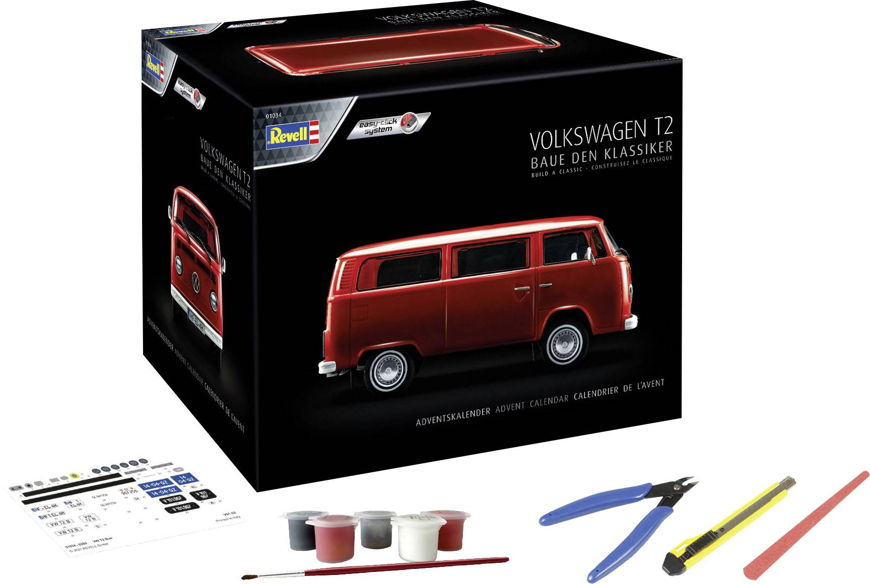 Baumodell-Set mit rotem Volkswagen T2 auf einer schwarzen Box. Enthält Farben, Werkzeuge und Anleitungen.