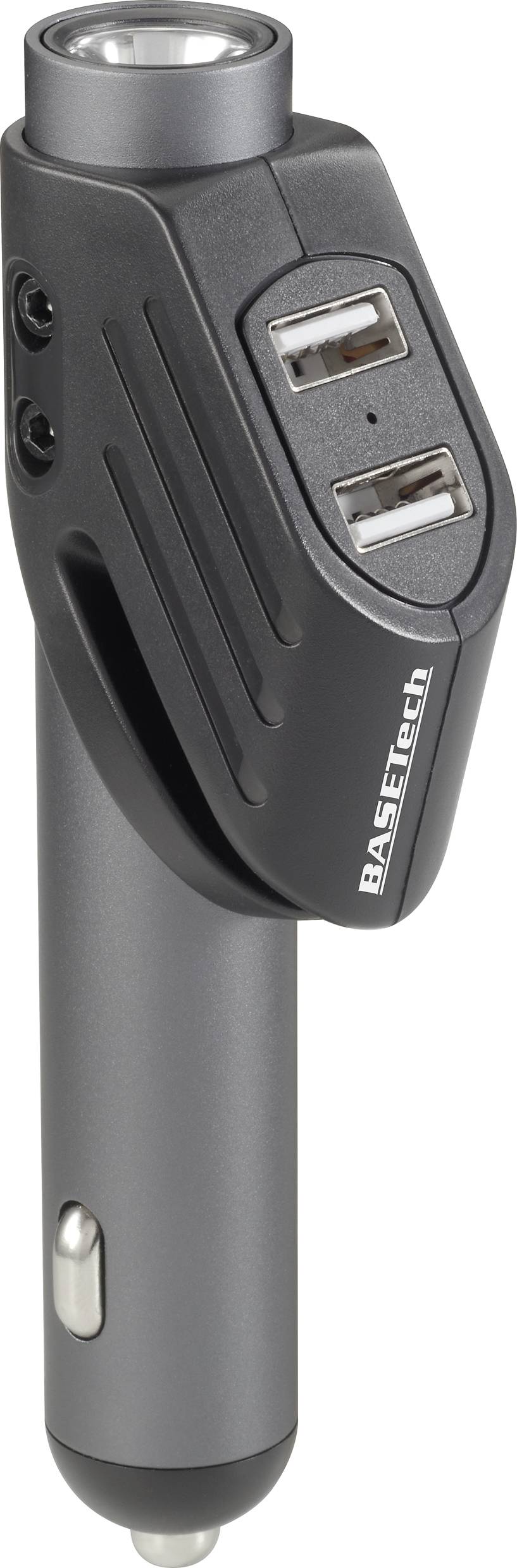 Ein schwarzes Autoladegerät mit zwei USB-Anschlüssen und einer silbernen Spitze. Aufschrift 'Basetech' an der Seite.