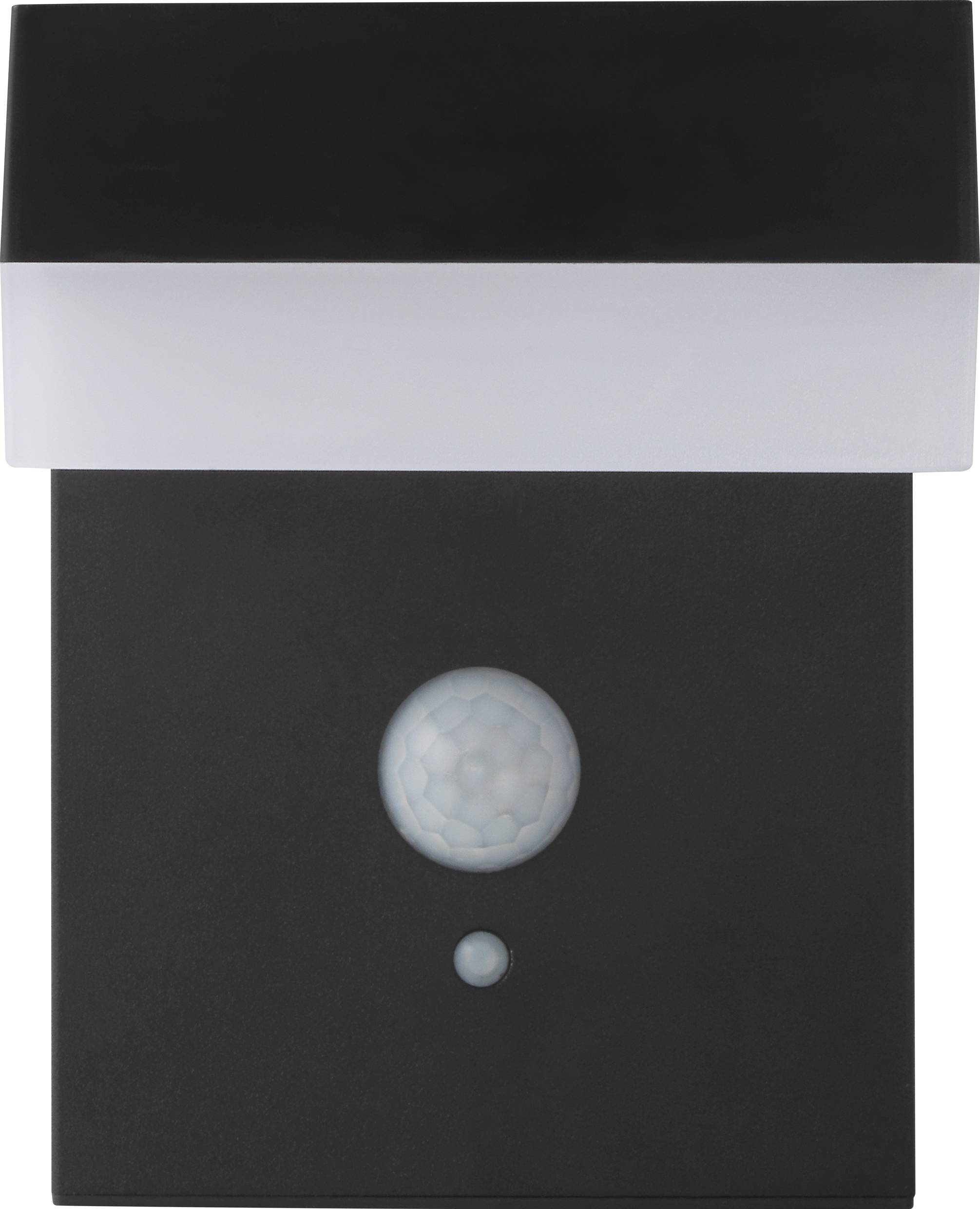 Ein rechteckiges, modernes Außenlicht mit Bewegungssensor, schwarzes Gehäuse, weiße Abdeckung. Ideal zur Beleuchtung von Eingangsbereichen.