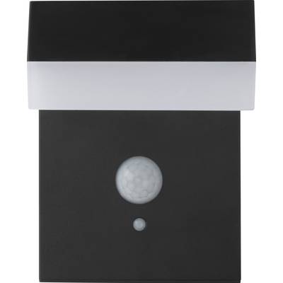 Ein rechteckiges, modernes Außenlicht mit Bewegungssensor, schwarzes Gehäuse, weiße Abdeckung. Ideal zur Beleuchtung von Eingangsbereichen.
