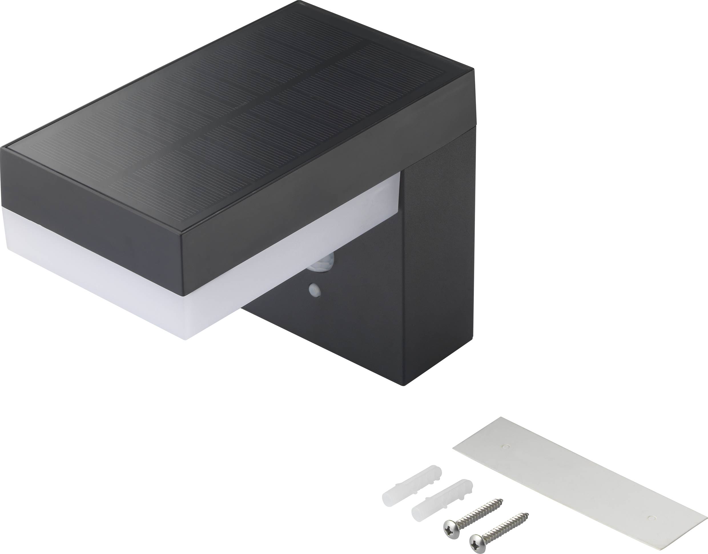 Schwarze, rechteckige Solarlampe mit Bewegungsmelder, montierbar an der Wand. Vor der Lampe liegen zwei Schrauben und Dübel.