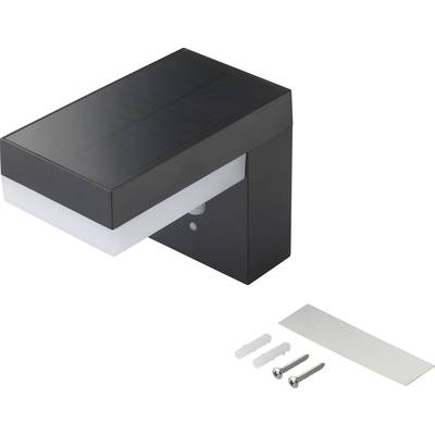 Schwarze, rechteckige Solarlampe mit Bewegungsmelder, montierbar an der Wand. Vor der Lampe liegen zwei Schrauben und Dübel.