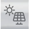Eine stilisierte Darstellung einer Sonne und eines Solarpanels, die Solarenergie symbolisiert.