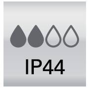 'IP44' Symbol mit vier stilisierten Tropfen. Zeigt an, dass ein Gerät gegen feste Fremdkörper und Spritzwasser geschützt ist.
