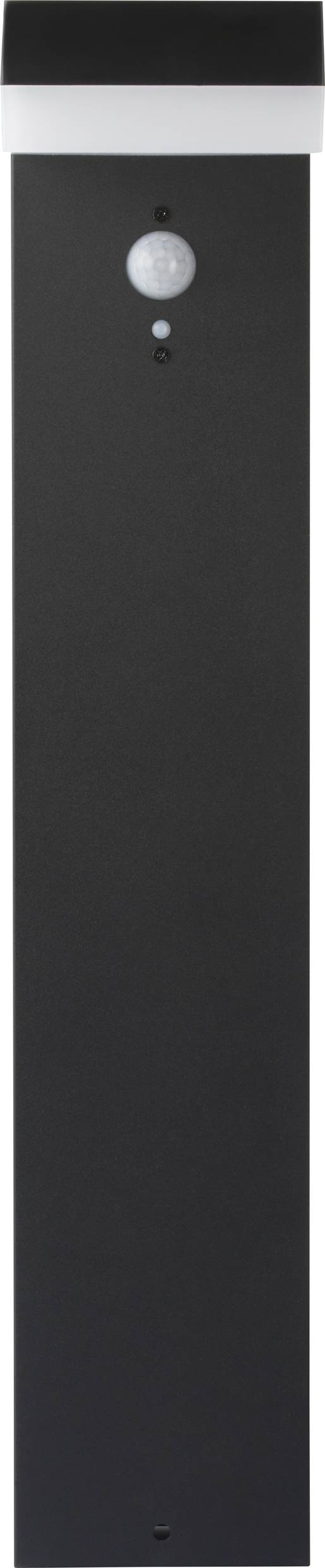 Eine schwarze, rechteckige Außenleuchte mit Bewegungsmelder oben in der Mitte und einem weißen Rand am oberen Ende.