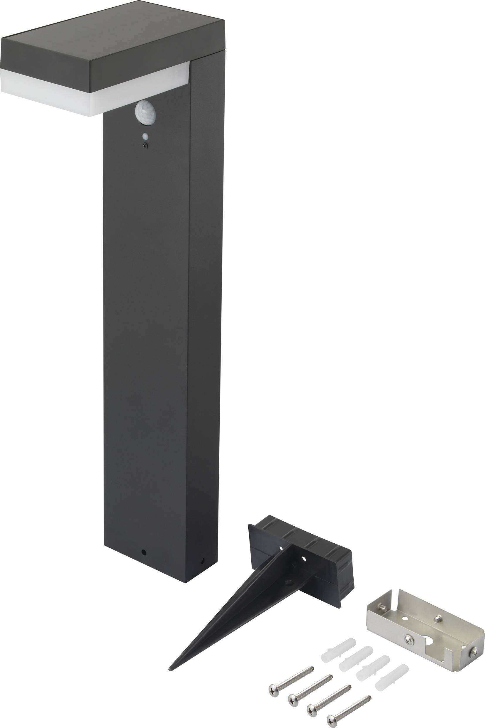 Schwarze, moderne Gartenleuchte mit Bewegungssensor, LED-Lichtleiste oben. Zubehör: Erdspieß, Wandhalterung, Schrauben, Dübel.