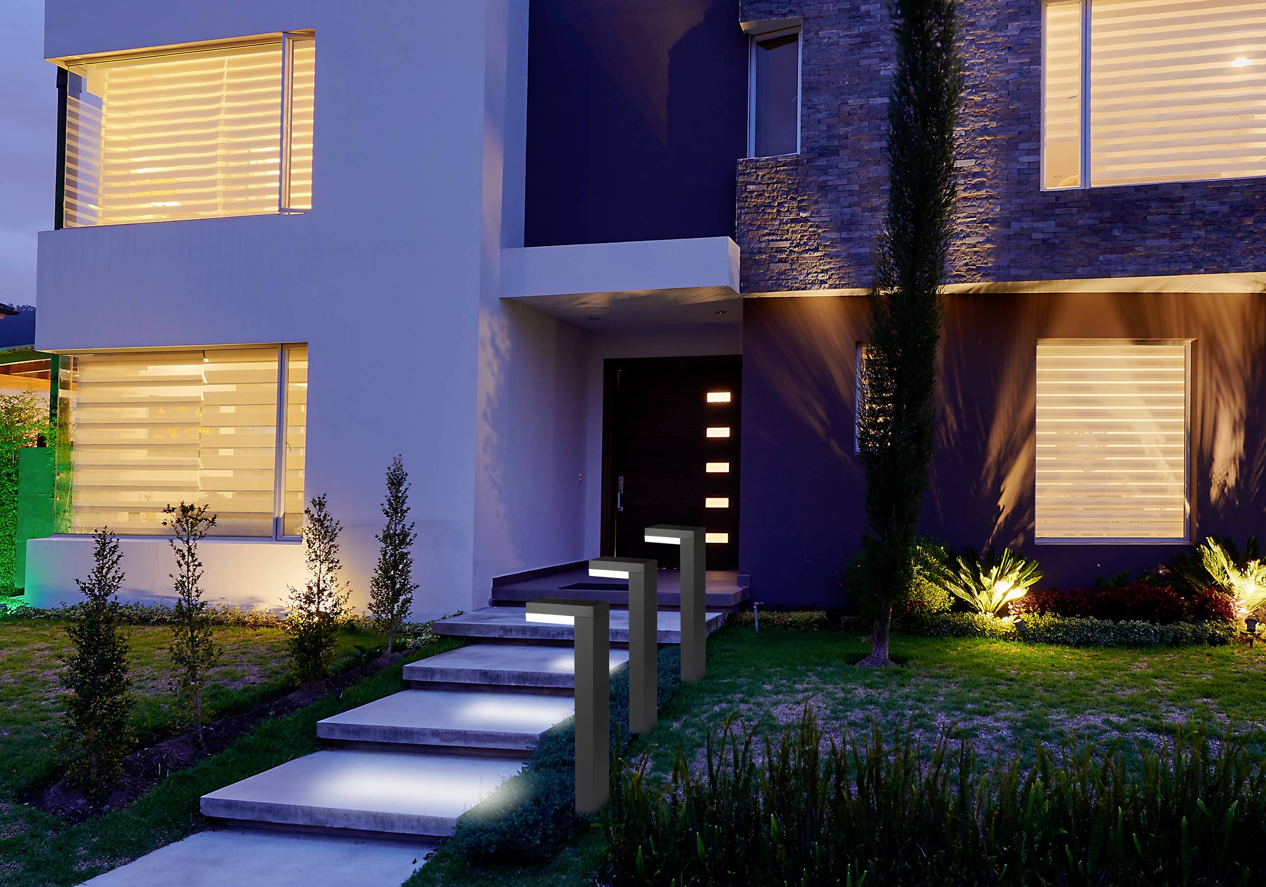 Beleuchtete moderne Hausfassade in der Dämmerung mit großen Fenstern und Treppen, die zum Eingang führen, umgeben von gepflegten Pflanzen.