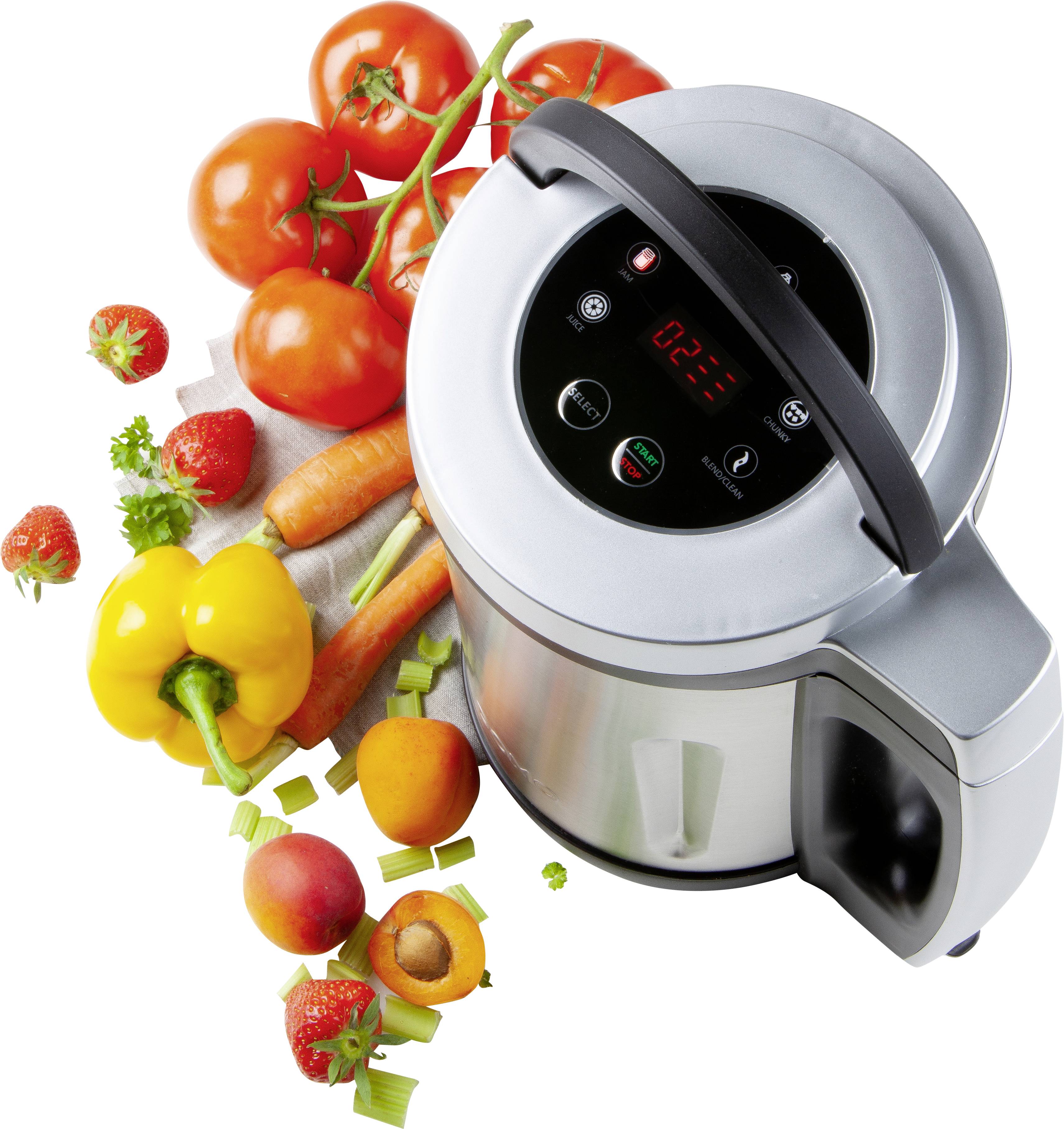 Ein elektrischer Suppentopf mit digitalem Display, umgeben von frischen Tomaten, Paprika, Karotten und Erdbeeren auf einem weißen Hintergrund.