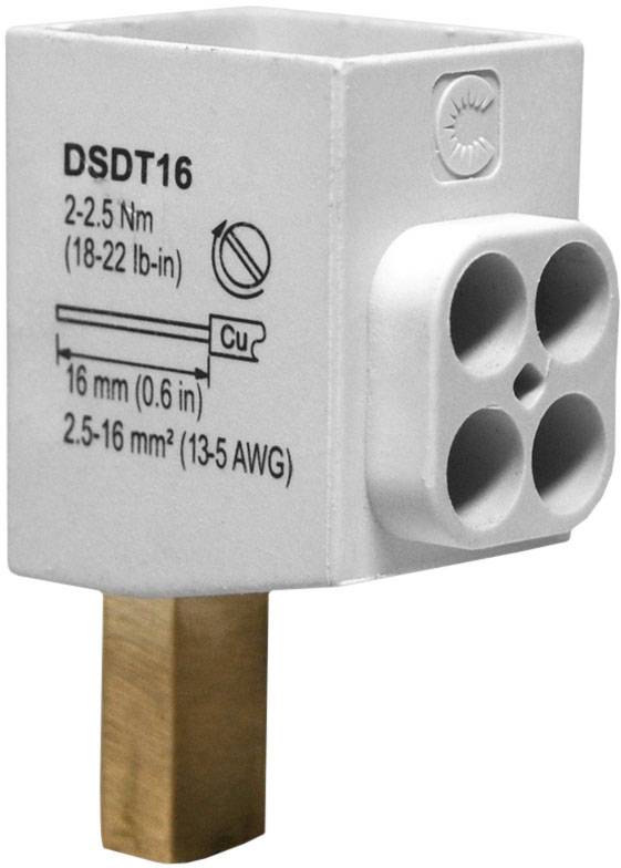 Ein rechteckiger, weißer elektrischer Stecker mit Kupferanschluss und drei runden Löchern. Aufdruck zeigt technische Spezifikationen.