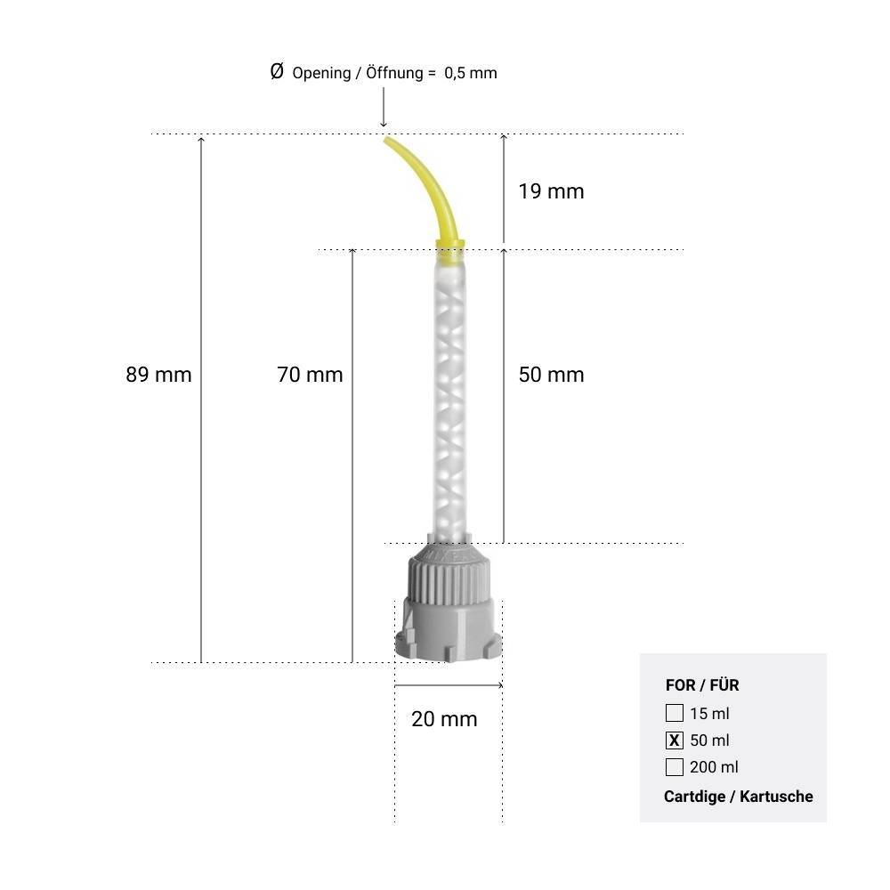 Ein Tropfaufsatz mit einer Gesamthöhe von 89 mm: Spitze 19 mm, Körper 70 mm. Öffnung: 0,5 mm Durchmesser. Geeignet für 50 ml Kartuschen.