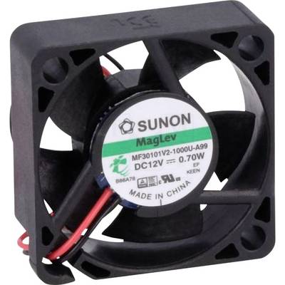 Ein quadratischer schwarzer Lüfter mit dem Etikett 'SUNON MagLev' und Spezifikationen 12V, 0.70W. Rote und schwarze Drähte sind angeschlossen.