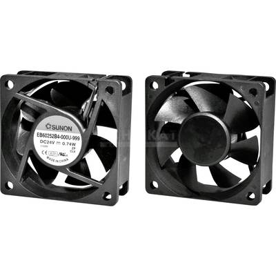 Zwei schwarze Lüfter mit jeweils fünf Flügeln, zeigen Vorder- und Rückseite. Text zeigt Modell und elektrische Spezifikationen.