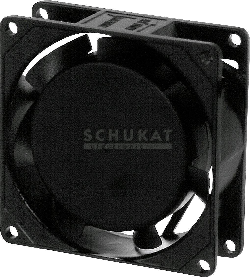 Ein schwarzer, quadratischer Lüfter mit zentralem Rotor, geeignet für elektronische Geräte. Markenname 'Schukat' ist sichtbar.