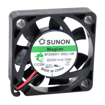 Ein kleiner Lüfter mit schwarzem Gehäuse und rot-schwarzem Kabel. Aufkleber zeigt Marke 'Sunon', Modell 'MagLev', DC5V, 0,72W.