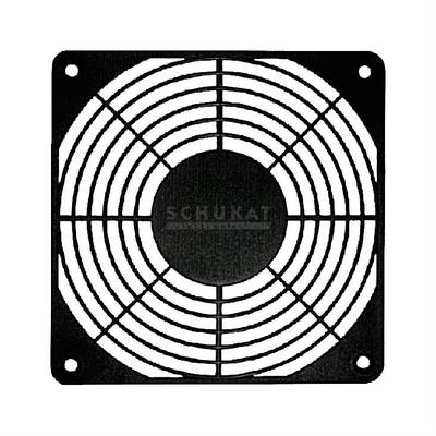 Schwarzes, quadratisches Lüftergitter aus Metall mit feinen Gitternetzlinien und vier Befestigungslöchern an den Ecken.