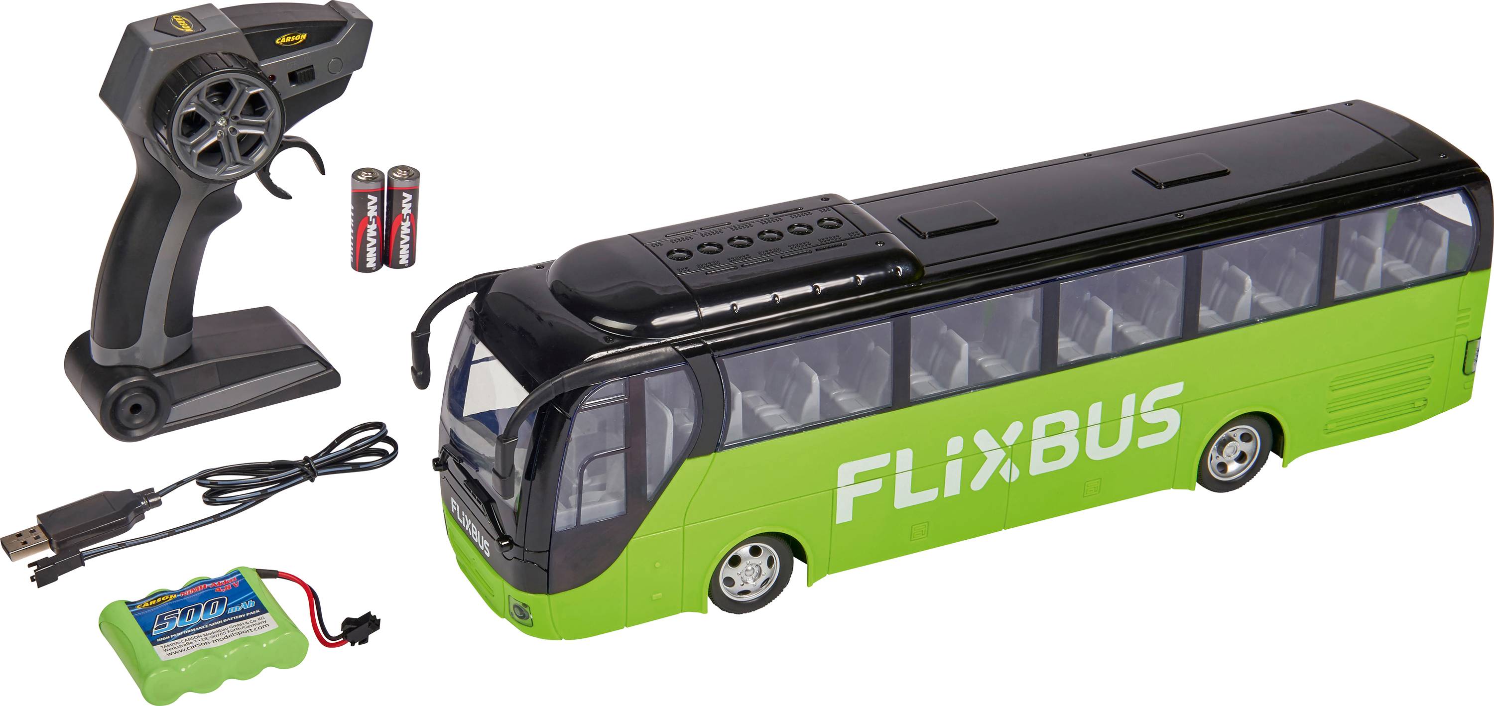 Spielzeug-Busmodell im Flixbus-Design mit Fernbedienung, Batterien, und Ladekabel. Der Bus ist grün mit schwarzem Dach.