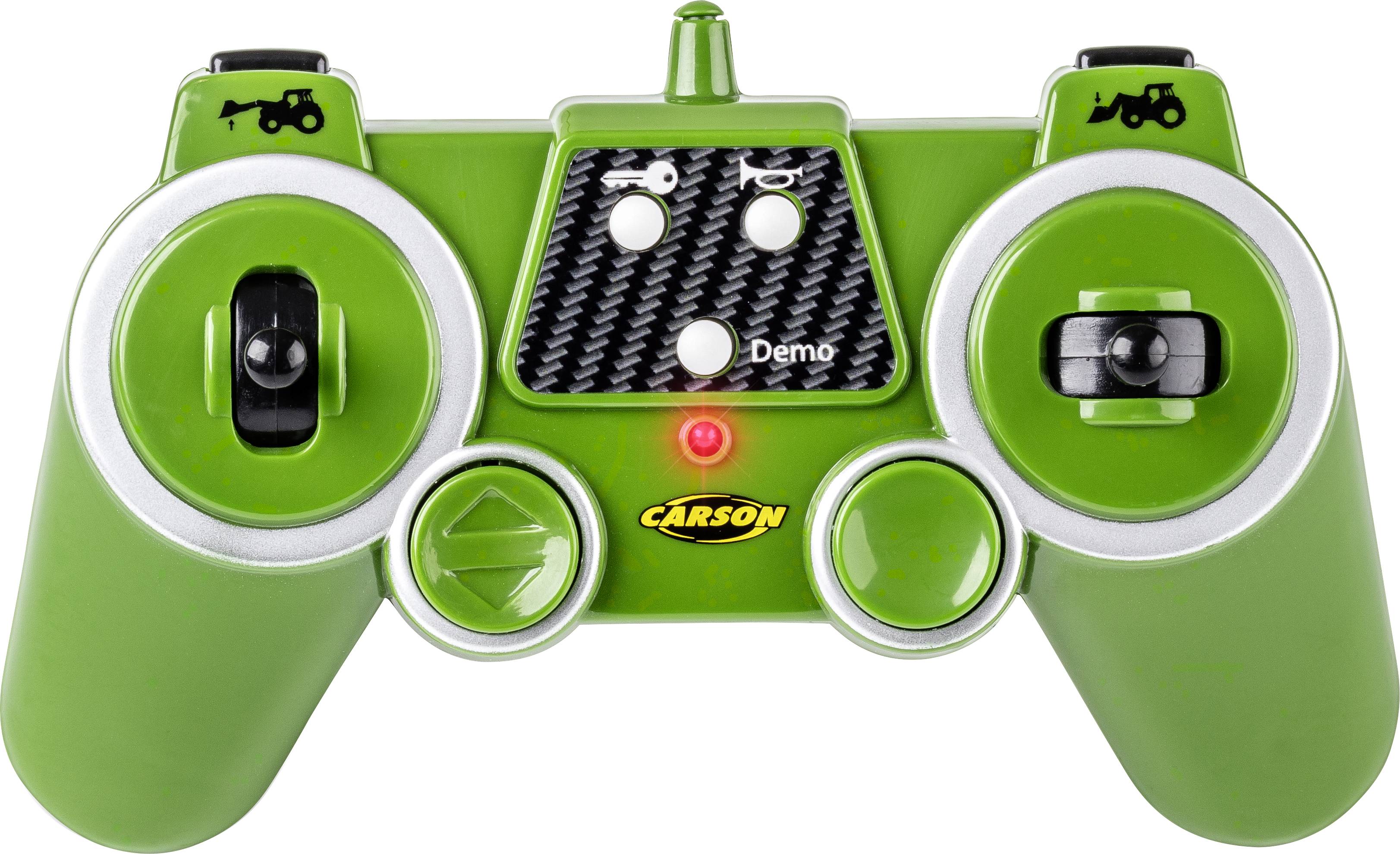 Ein grüner Controller mit mehreren Knöpfen und einem Carson-Logo in der Mitte. Oben befinden sich Symbole von Traktoren.
